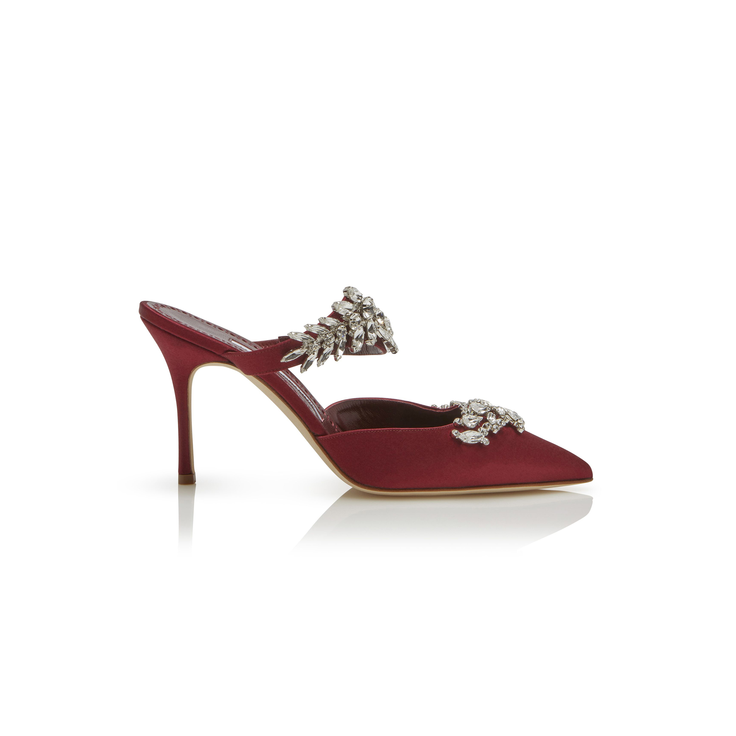 MANOLO BLAHNIK LURUMUS BURGUNDY SATIN CRYSTAL EMBELLISHED MULES 9XX-0362-0038